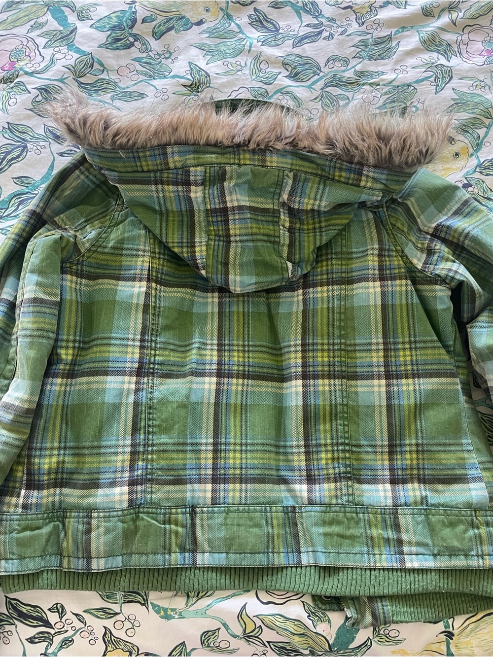 Vintage Y2k Mossimo Supply Co. Green Plaid Hooded Puffer Jacket with Faux Fur L - Picture 8 of 10
